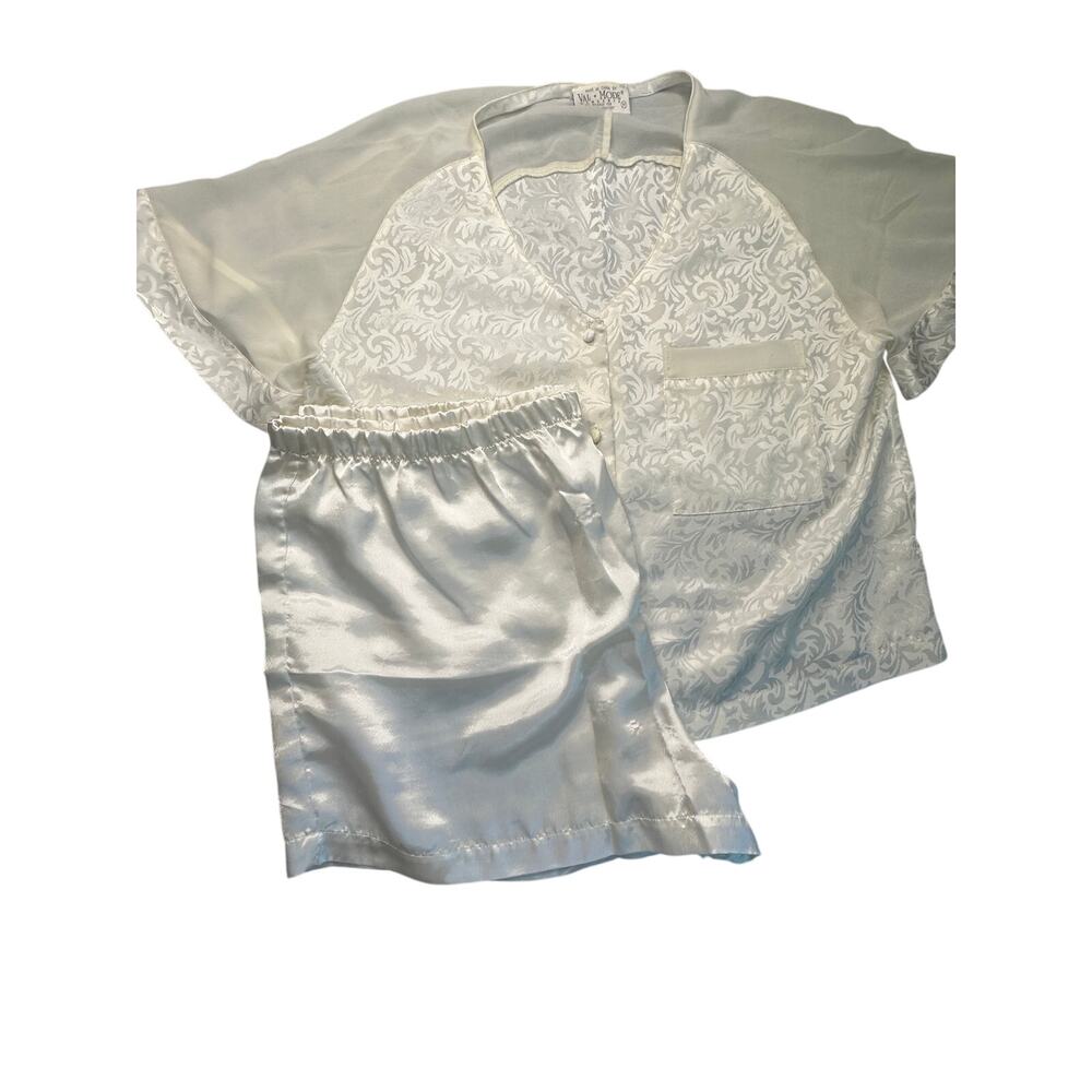 Val-Mode Top Damask Satin Pajamas Shorts Set Sheer Yoke White L